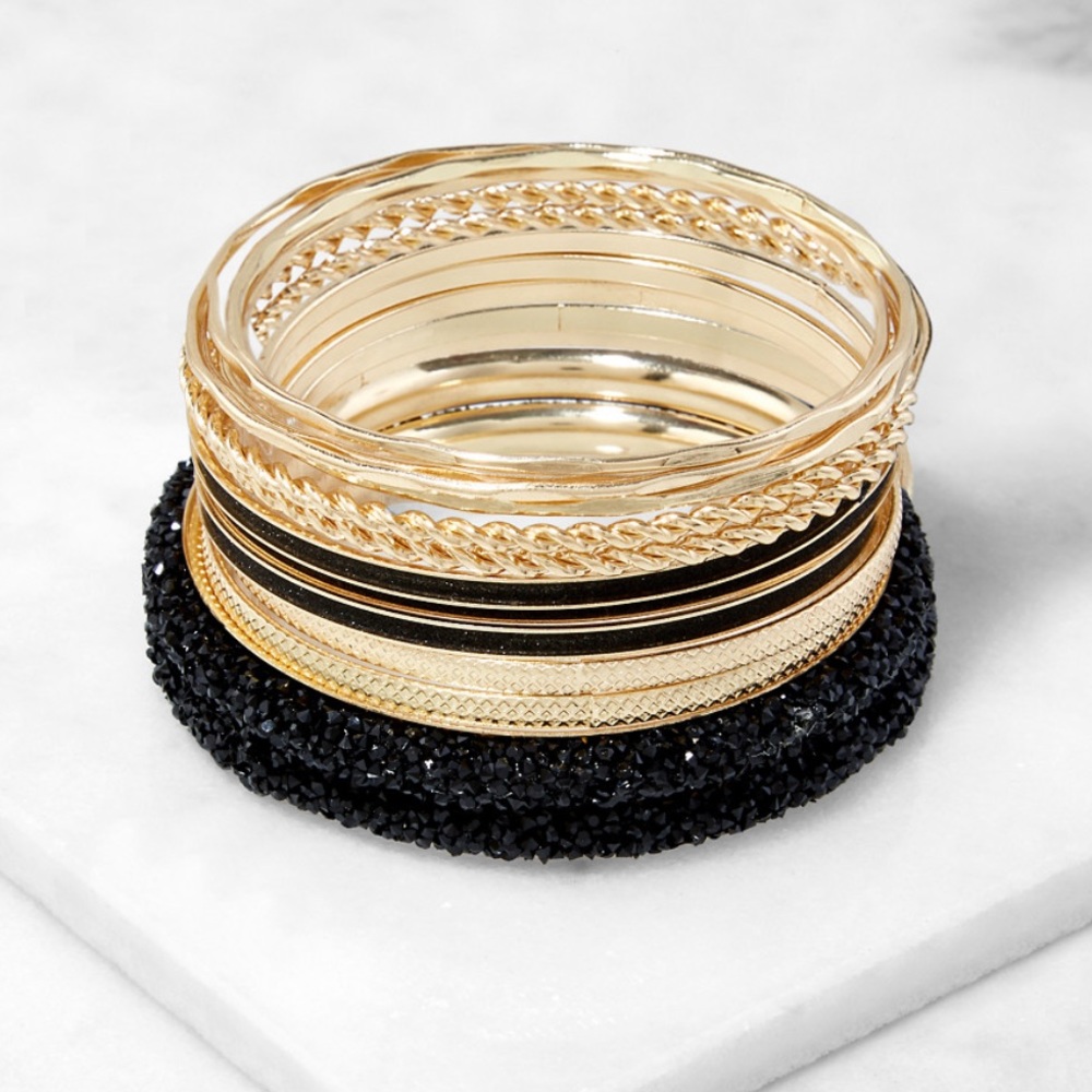 NEW•Sugared + Bronzed Modern Babe Black Druzy Bangle Bracelet Set